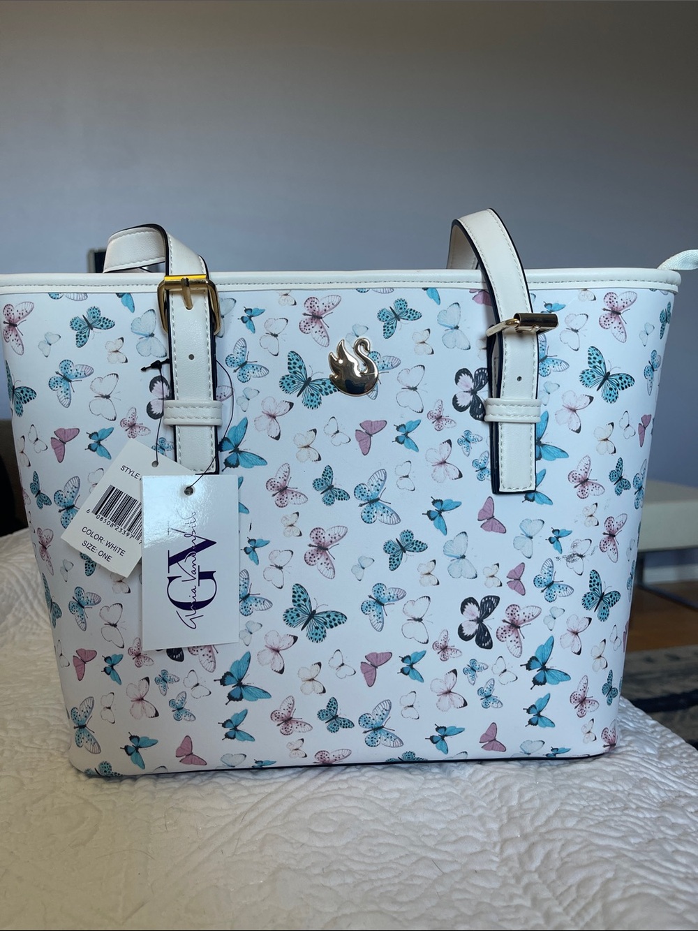 Gloria Vanderbilt White Butterfly Print Tote Bag